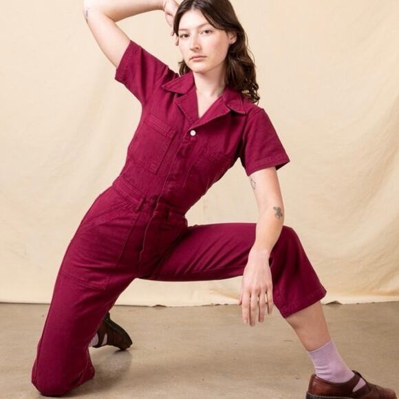 Big Bud Press Short Sleeve Cotton Utility Jumpsuit in Cranberry - Picture 1 of 12